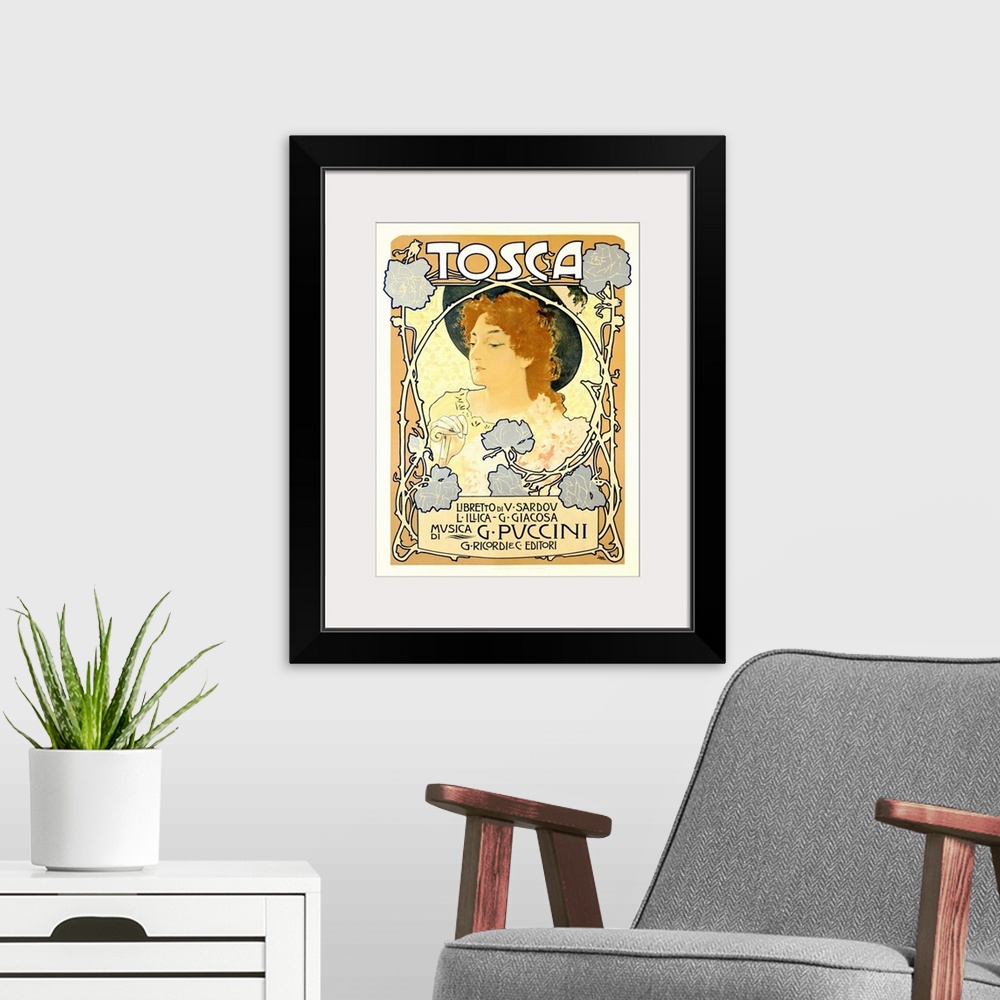 A modern room featuring Tosca, Puccini, Vintage Poster