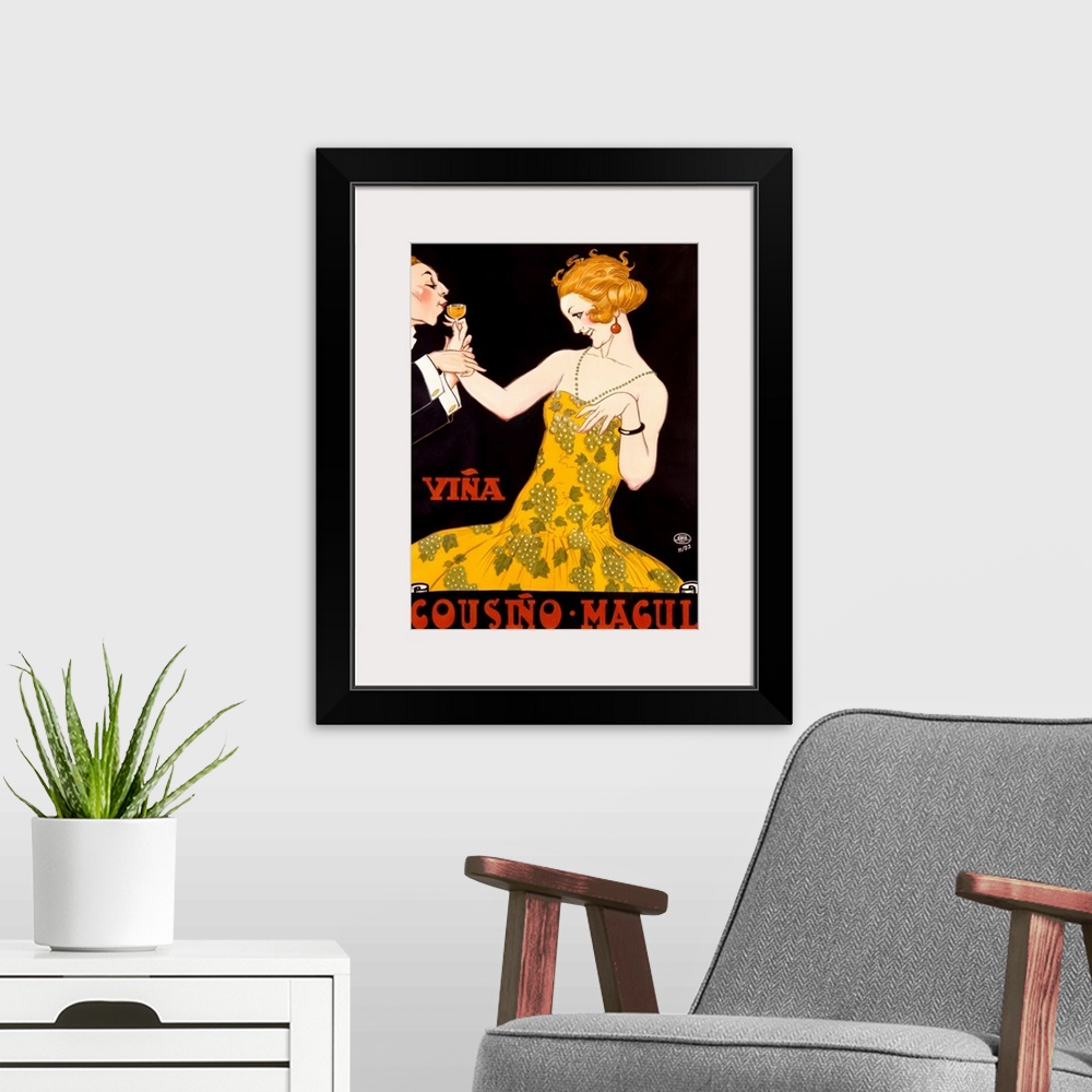 A modern room featuring An Art Deco advertising poster showing a young flapper in a dress printed with grapes sipping cha...