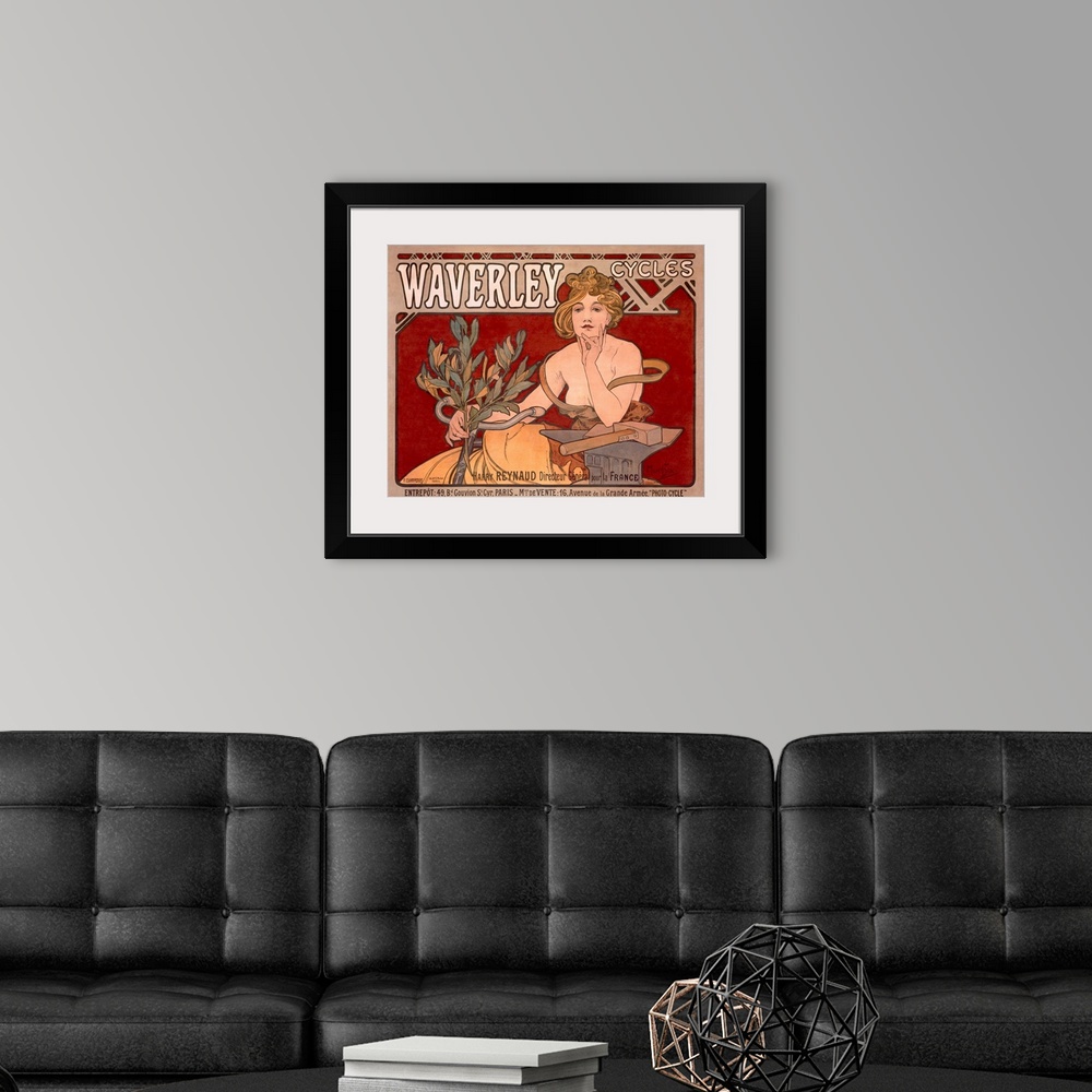 A modern room featuring Wall art of an antiqued painting on an advertisement of a woman sitting on a bike holding a plant...