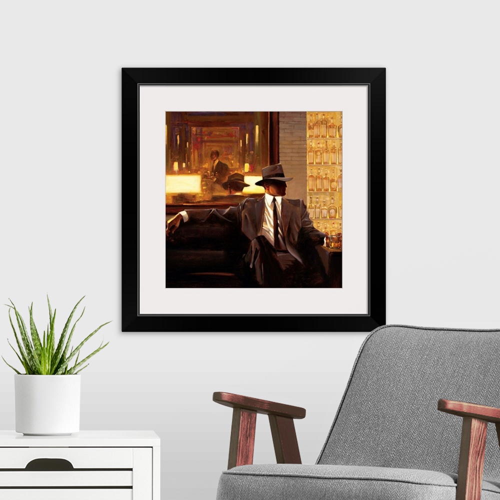 A modern room featuring Contemporary painting of man wearing a suit and hat sitting on sofa in a lounge holding a drink i...