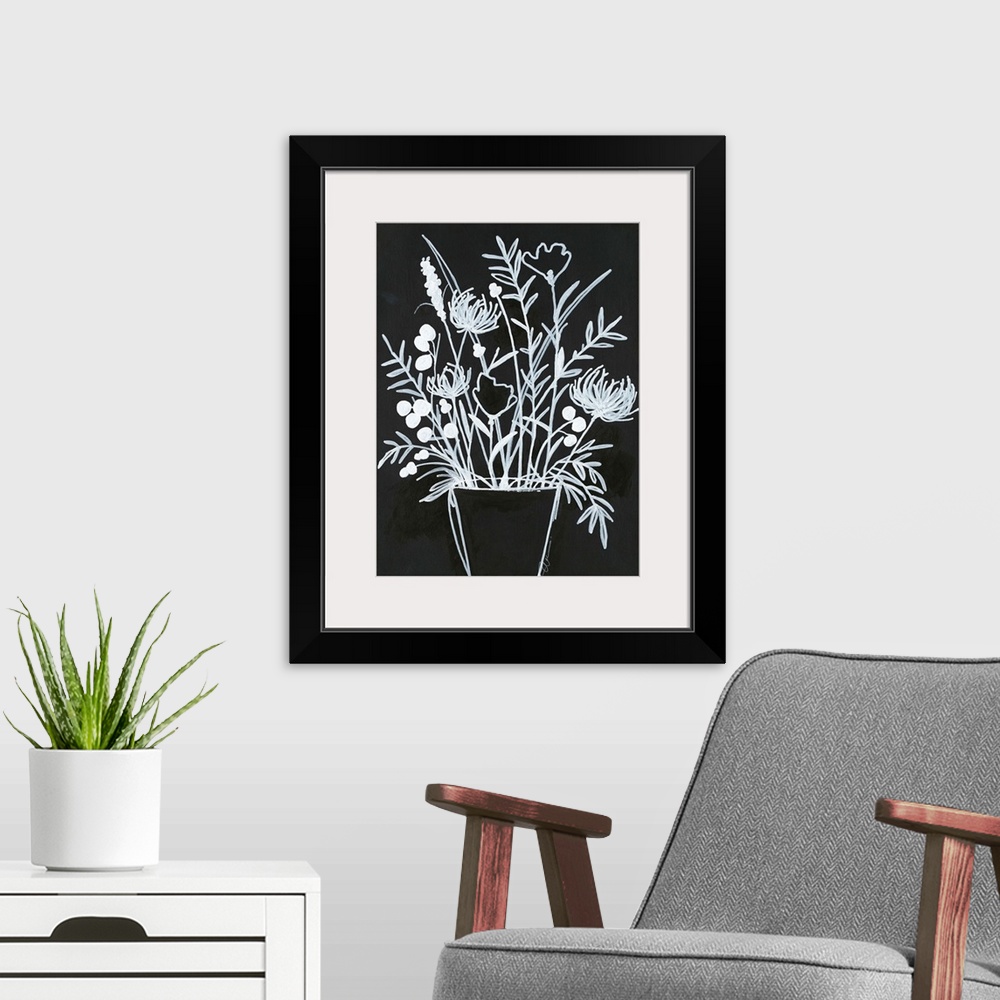 A modern room featuring Simple black and white illustration of long-stemmed flowers in a vase.