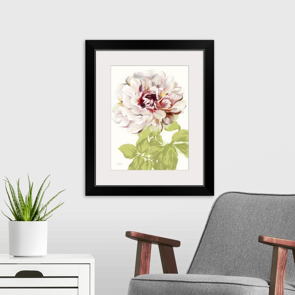 A modern room featuring Contemporary home decor art of a pale pink peony against a white background.