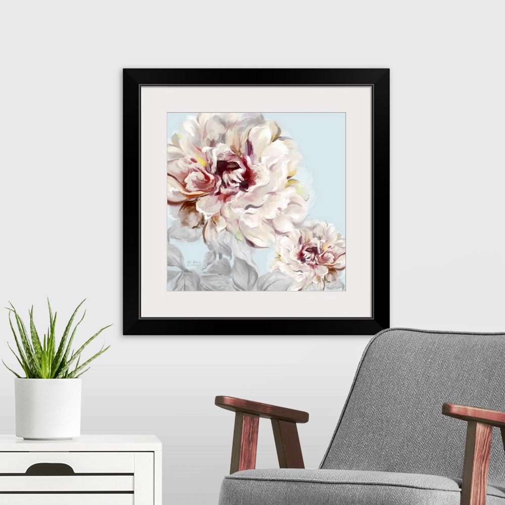 A modern room featuring Home decor artwork of soft pink peonies against a pale blue background.