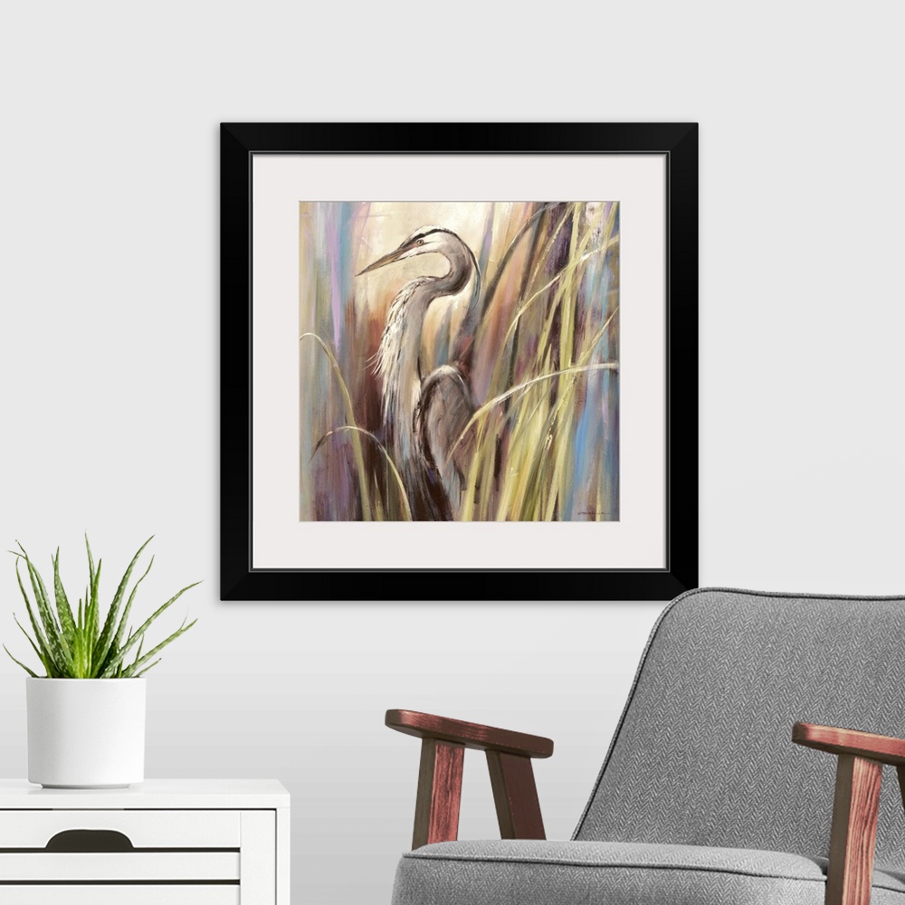 A modern room featuring Contemporary painting of a heron standing a-midst tall grass.