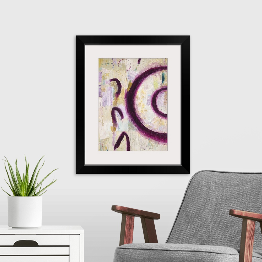 A modern room featuring Abstract artwork of dark purple curved lines on beige.