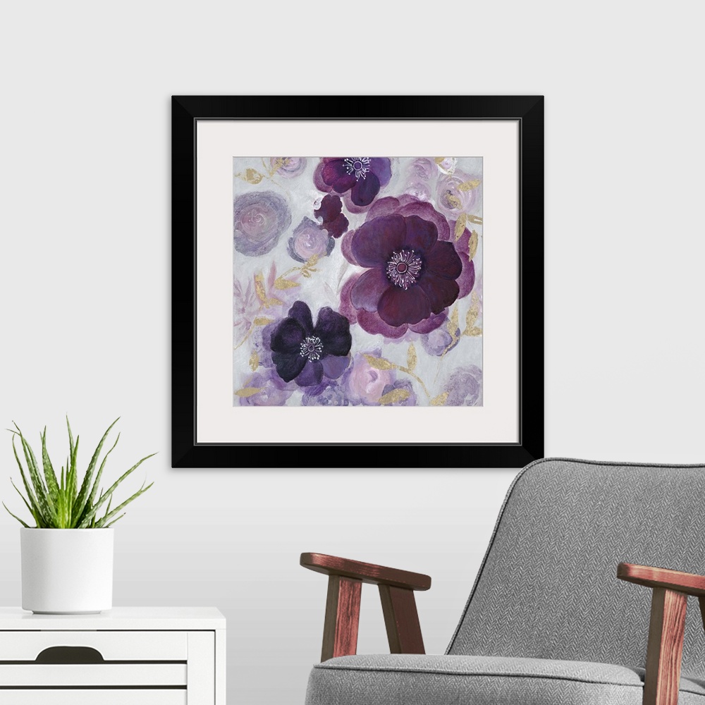 A modern room featuring Contemporary home decor artwork of purple flowers against a pale floral background.