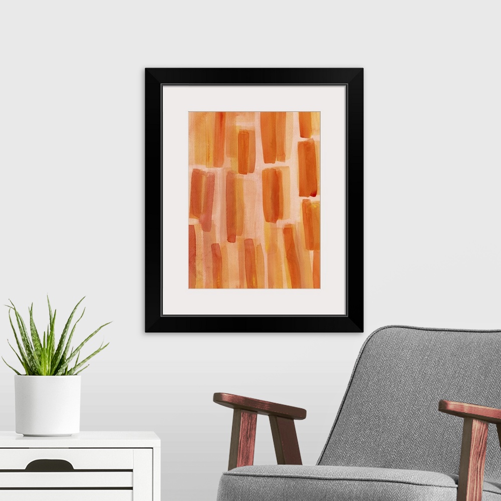 A modern room featuring Contemporary abstract painting of vertical orange strokes of paint against a lighter orange backg...