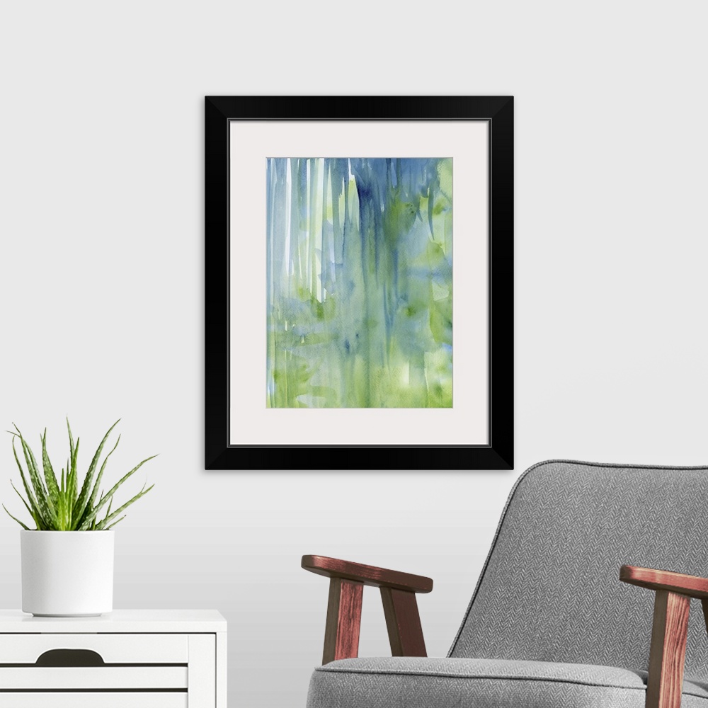 A modern room featuring Contemporary abstract painting using green and blue watercolor drips.