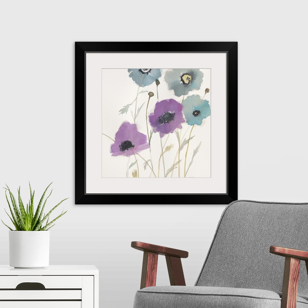 A modern room featuring Contemporary painting of a soft pastel colored flowers against a cream background.
