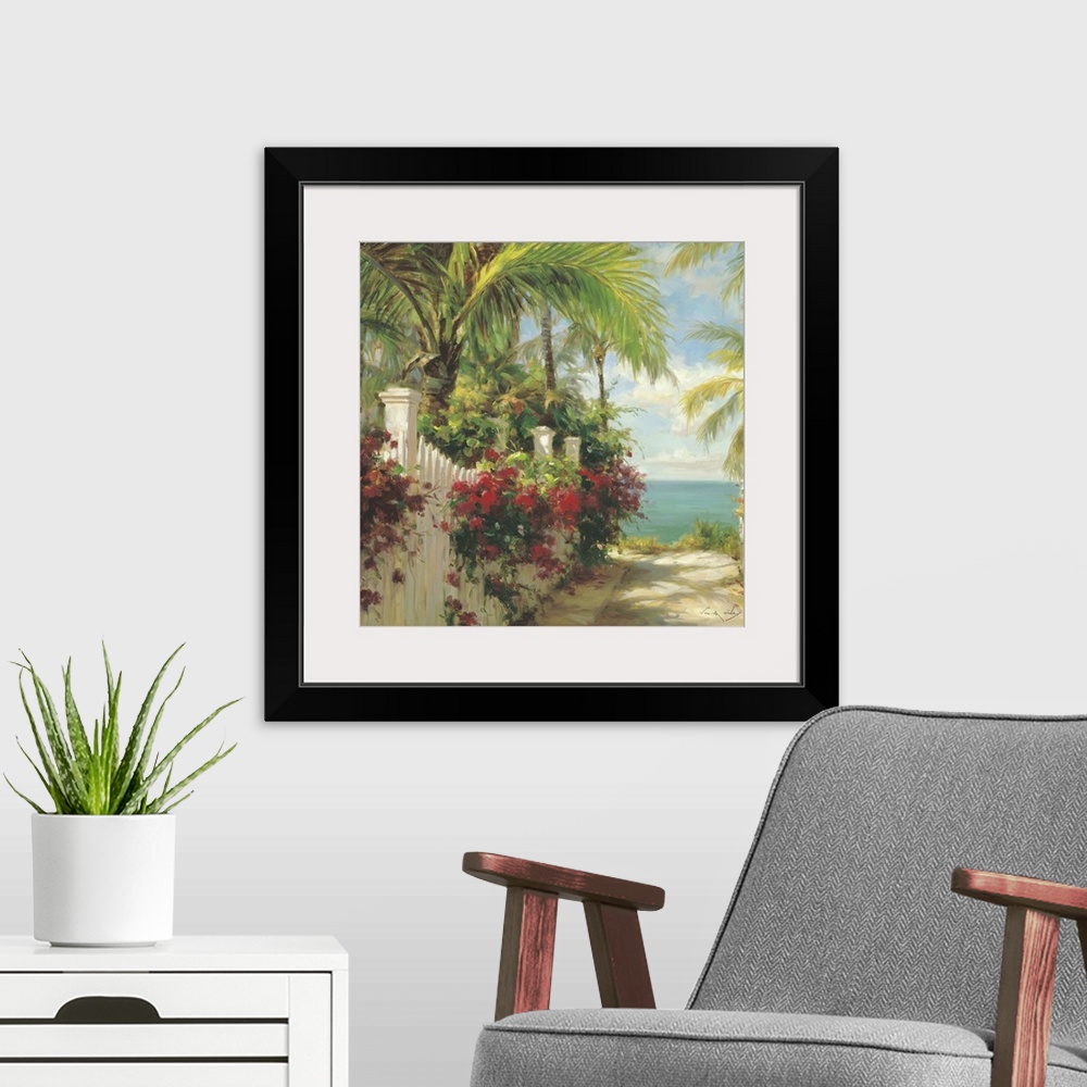 A modern room featuring Contemporary painting of a sandy path to the ocean with white fences and palm trees.