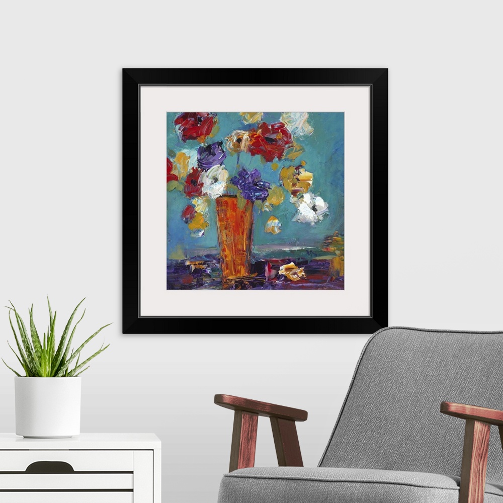 A modern room featuring Contemporary still life painting of an orange vase filled with colorful flowers.