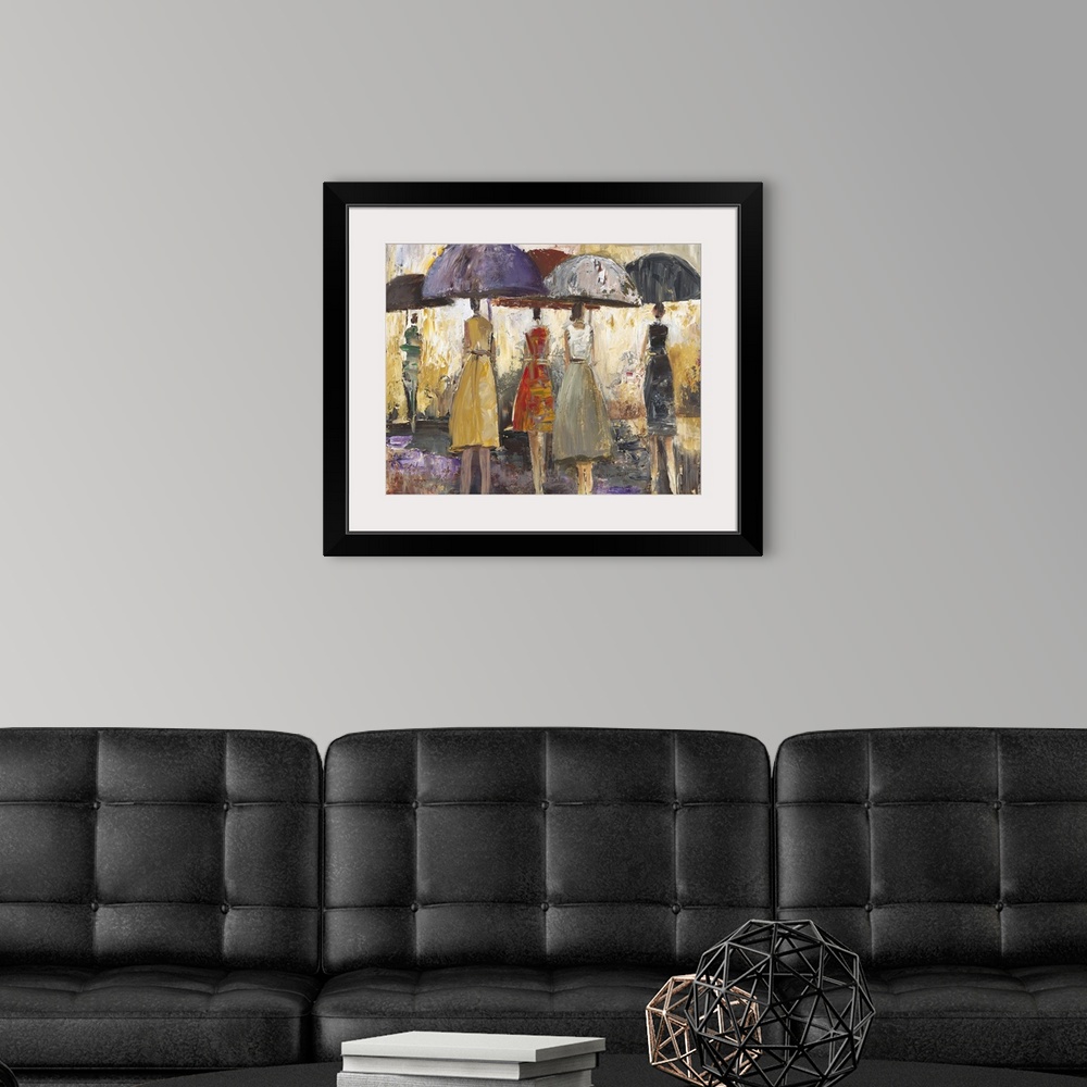 A modern room featuring Contemporary painting of people walking with umbrellas through rain.