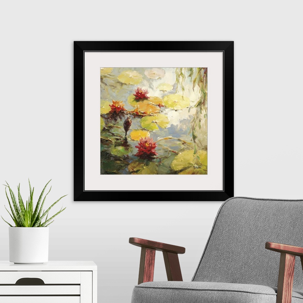 A modern room featuring Contemporary painting of several water lilies and lily pads floating in a pond.