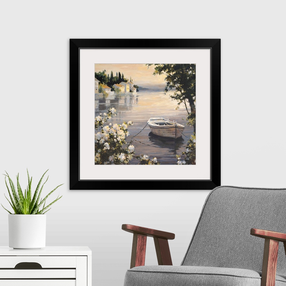 A modern room featuring Contemporary painting of a small village harbor, with a white rowboat anchored near the shore.