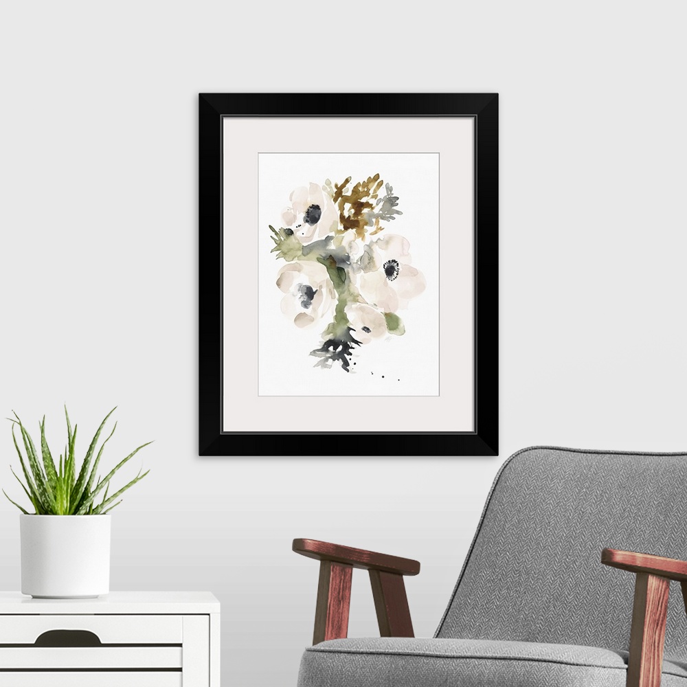 A modern room featuring Watercolor painting of a group of three white flowers with dark green leaves.