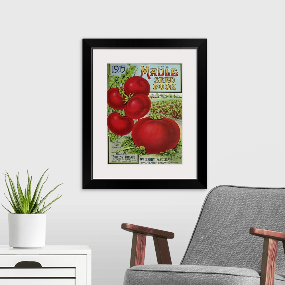 A modern room featuring Vintage poster advertisement for 1915 Maule Tomato.