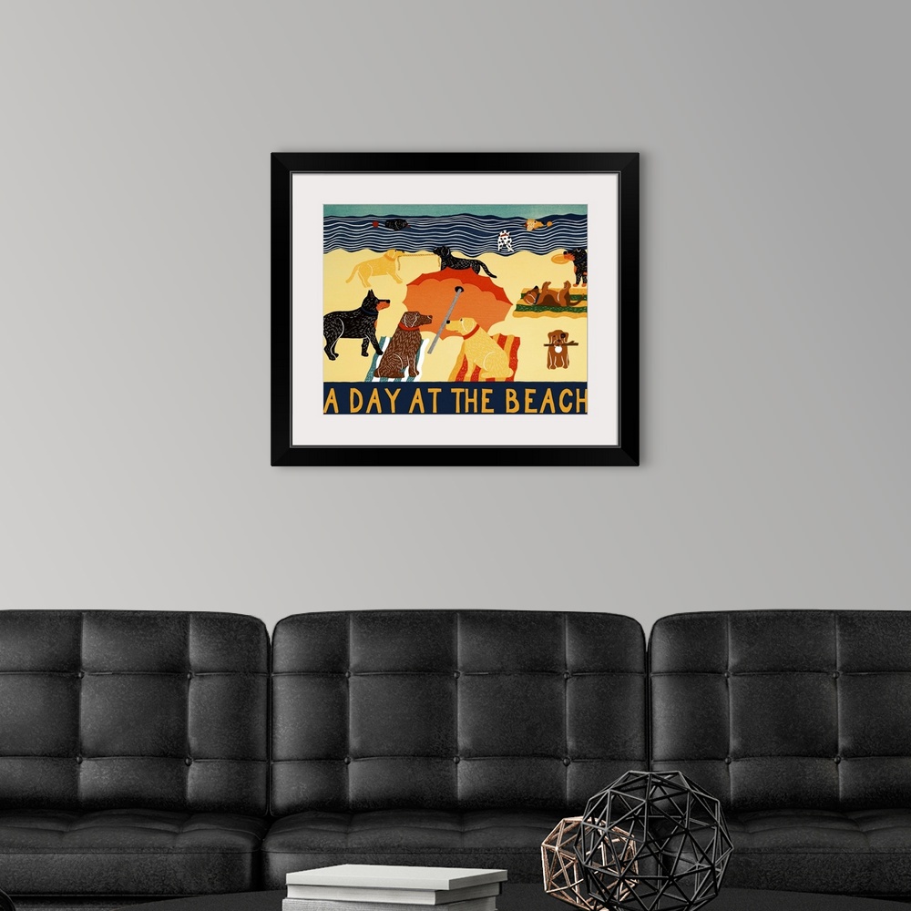 A modern room featuring Illustration of different breeds of dogs on the beach with the phrase "A Day At The Beach" writte...