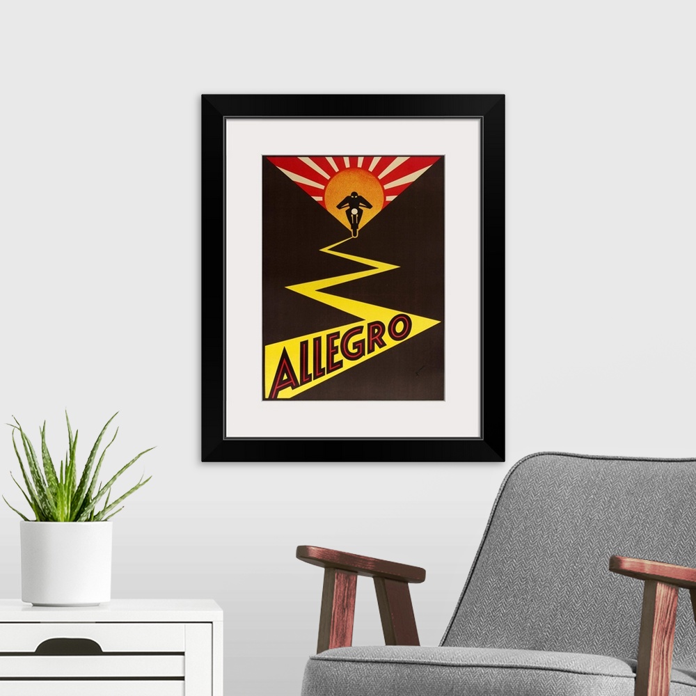 A modern room featuring Vintage advertisement artwork for Allegro motorcycles.