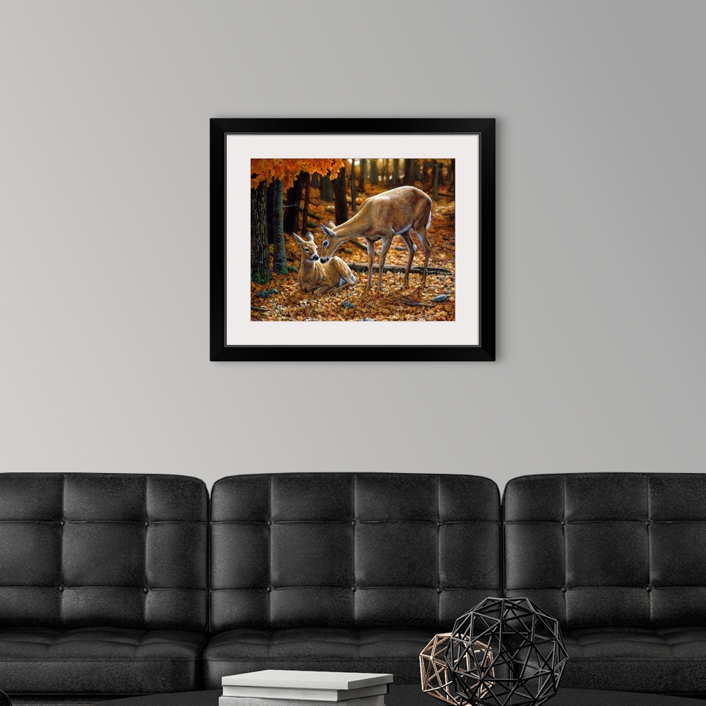 A modern room featuring Two Deer in a forestfawn doe