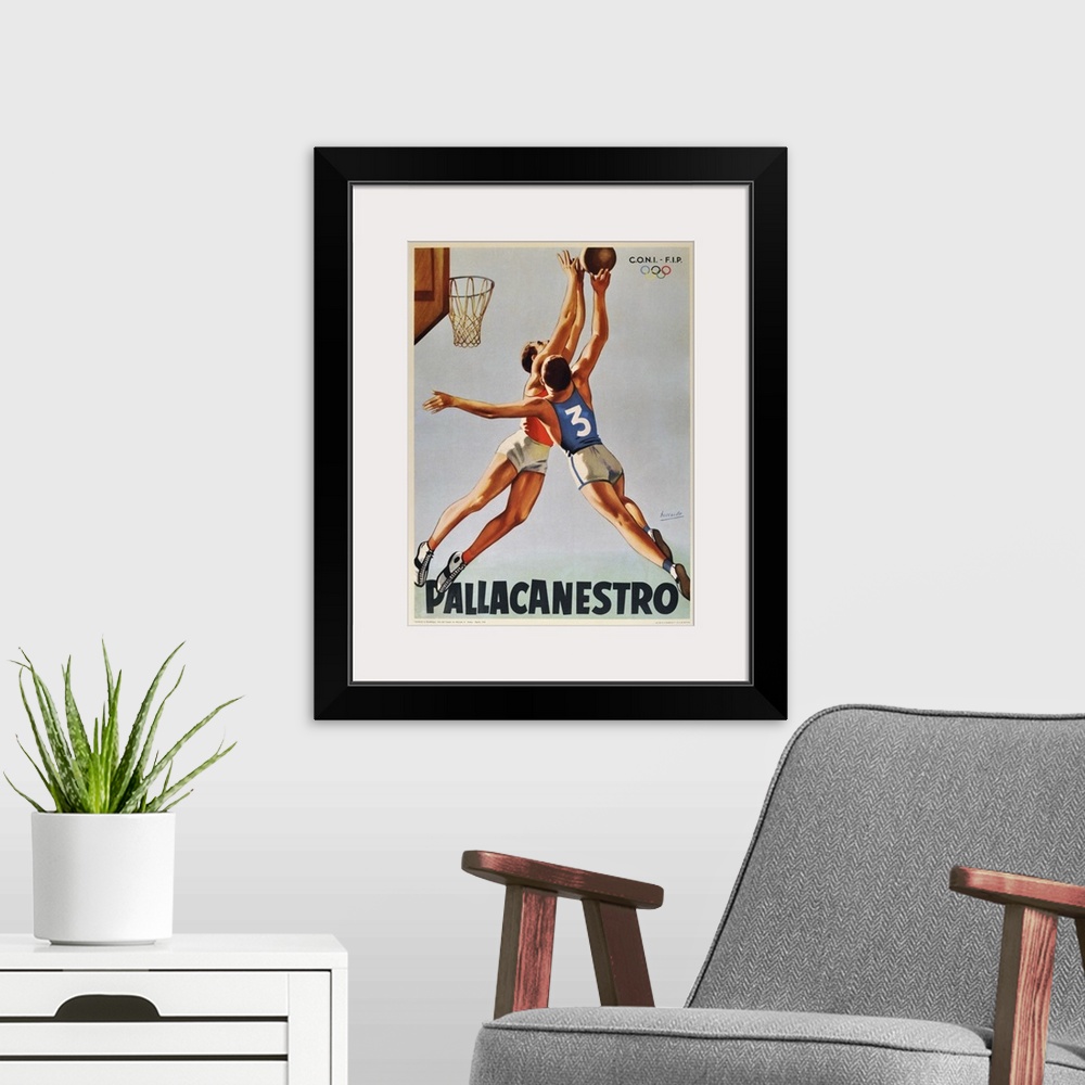 A modern room featuring Vintage poster artwork for Pallacanestro Basketball.