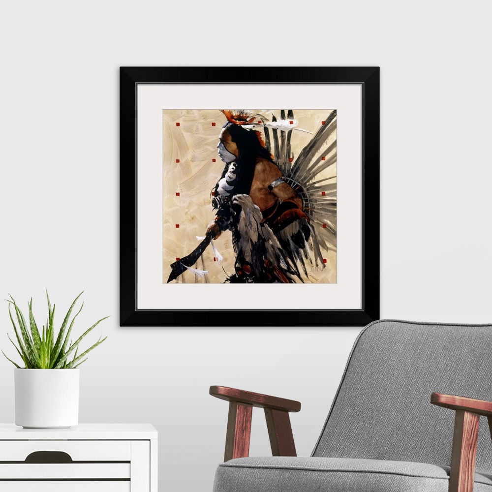 A modern room featuring Contemporary western theme painting of a Native American in traditional and ceremonial dress.