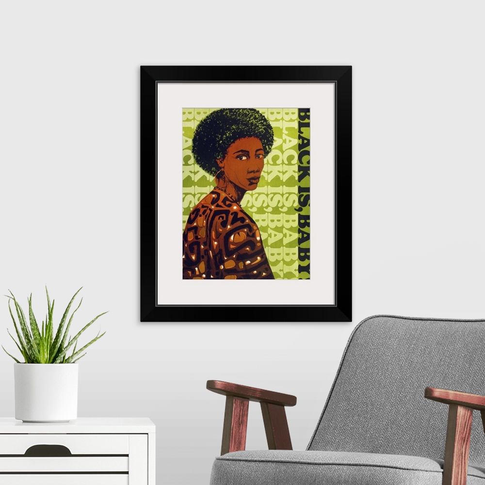 A modern room featuring Vintage poster artwork of an African-American woman looking over her shoulder with lime green tex...