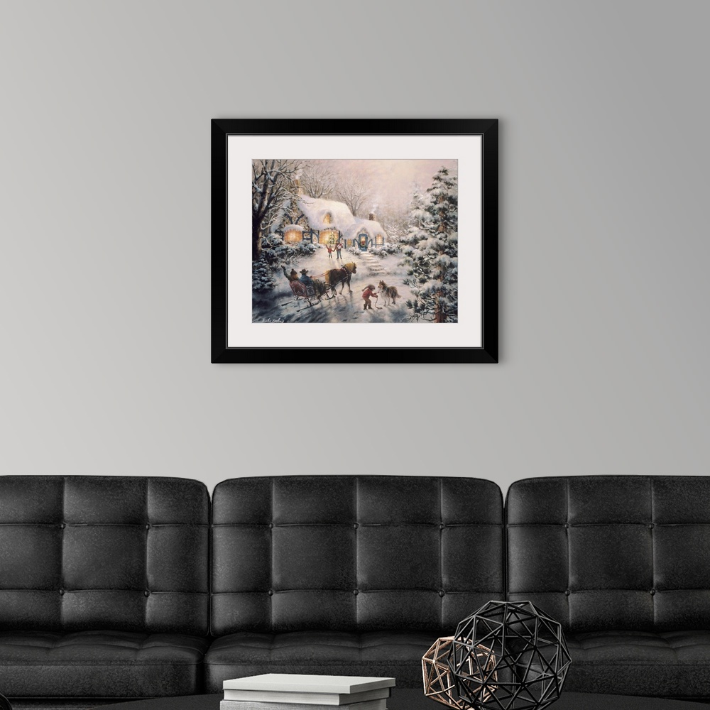 A modern room featuring Painting of a snow-covered cottage with a horse-drawn sleigh outside. Product is a painting repro...