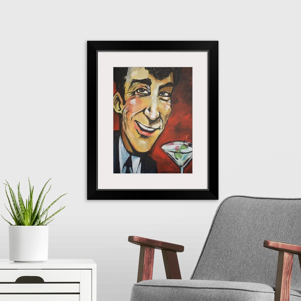A modern room featuring Contemporary portrait of Rat Pack singer Dean Martin with a martini.