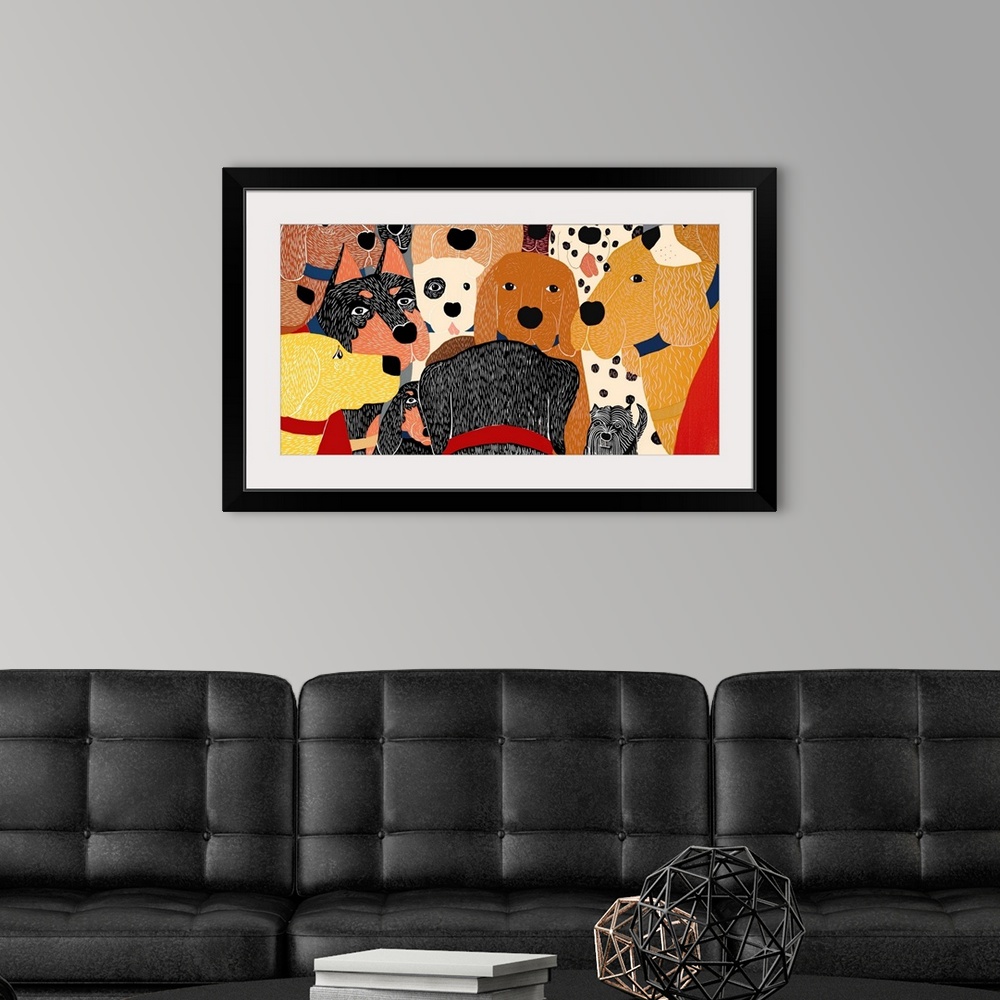 A modern room featuring Illustration of a pack of dogs gathering together.