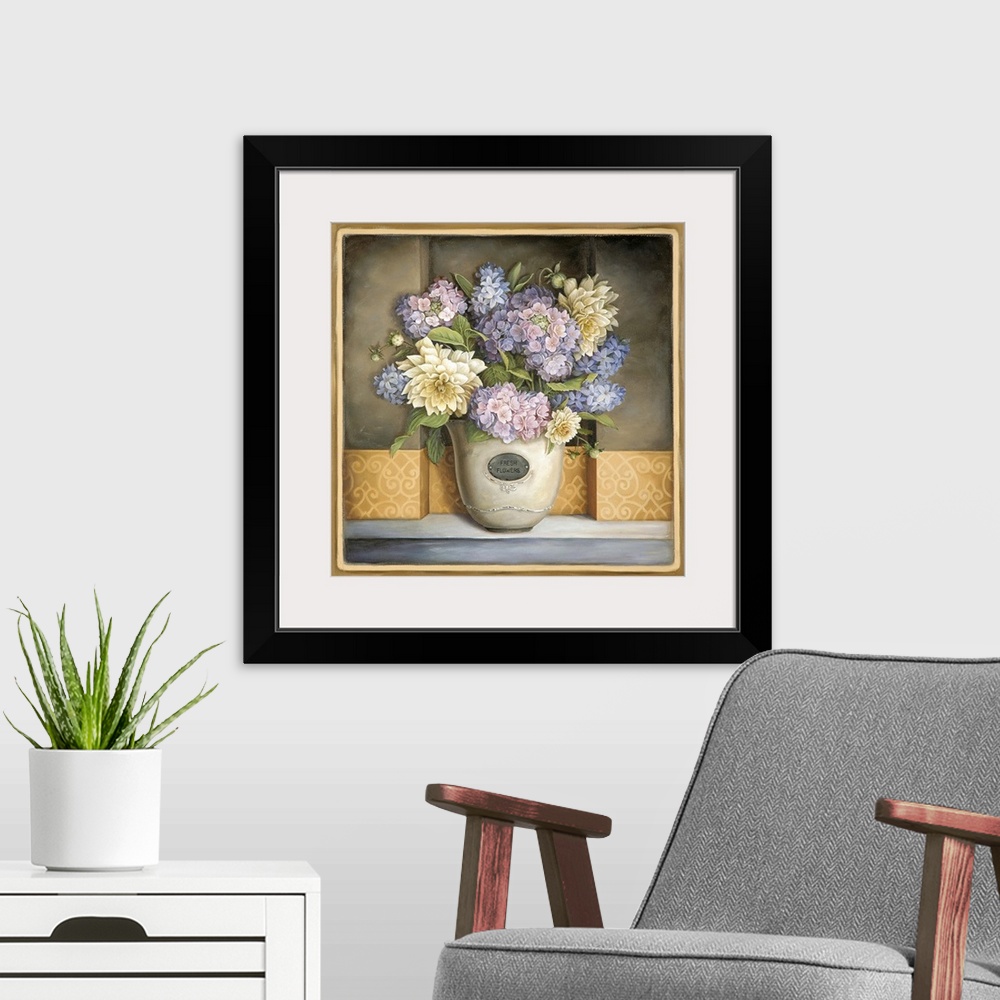 A modern room featuring bowl with hydrangeas