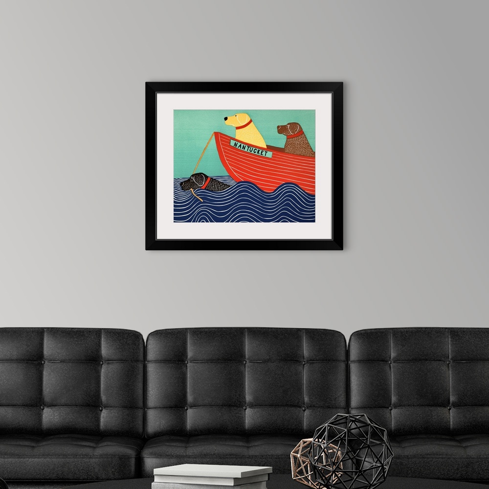 A modern room featuring Illustration of a black lab in the ocean pulling a yellow and chocolate lab in a red boat titled ...