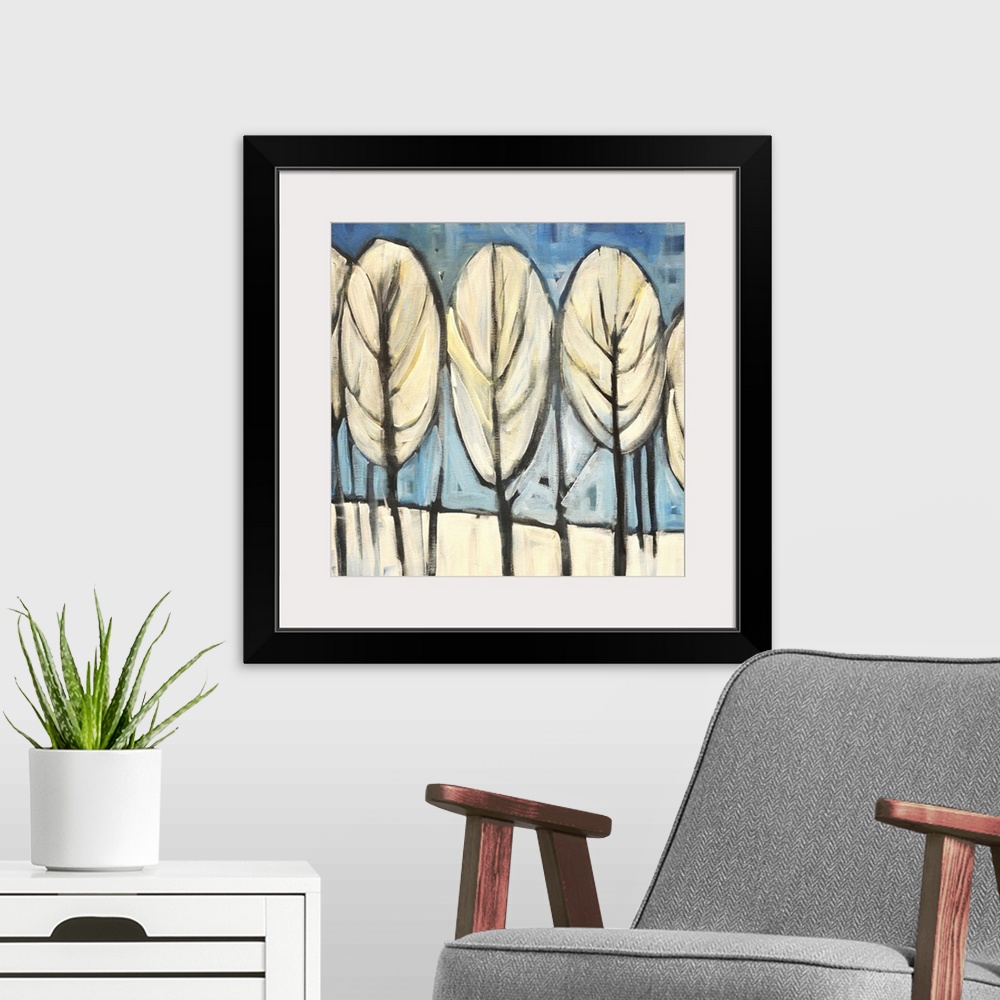 A modern room featuring Contemporary painting of a grove of white trees.