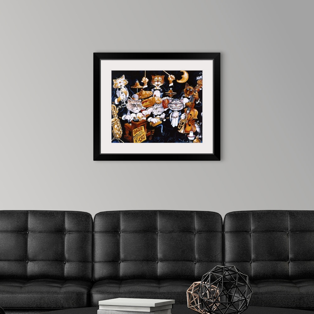 A modern room featuring A group of various cats playing instruments in a jazz band.