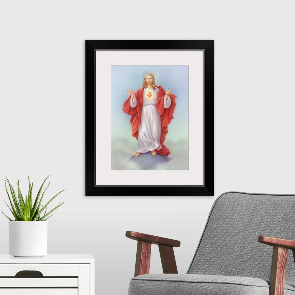A modern room featuring Jesus in a red robe