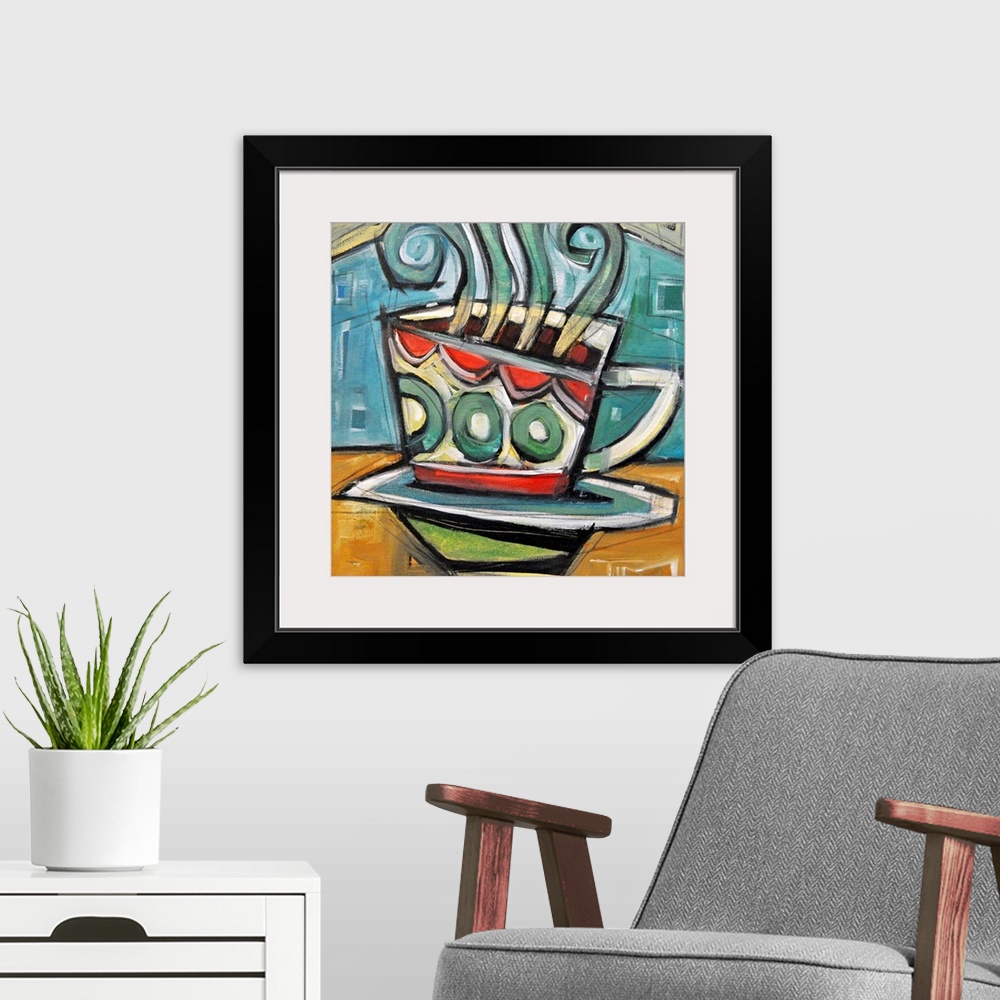 A modern room featuring Modern artwork of a coffe cup sitting on a table with steam from the hot coffee pouring out of th...