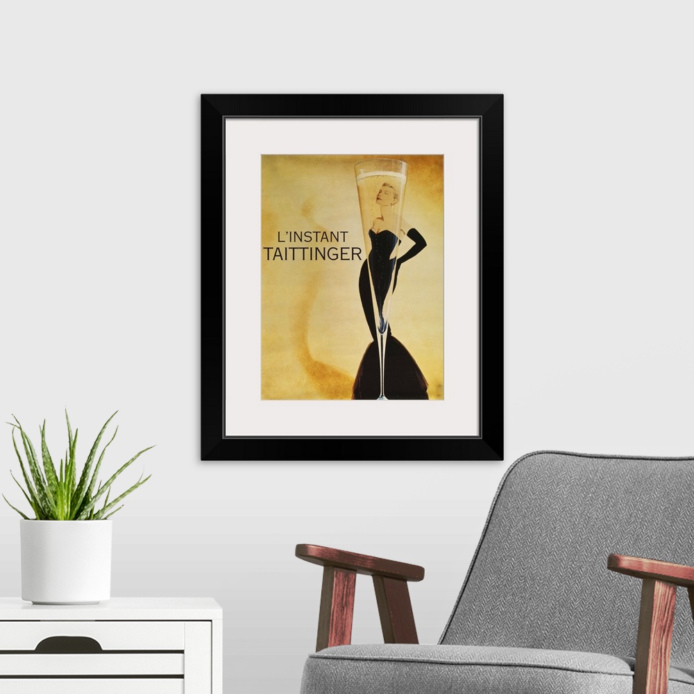 A modern room featuring Vintage poster advertisement for L'instant Taittinger.