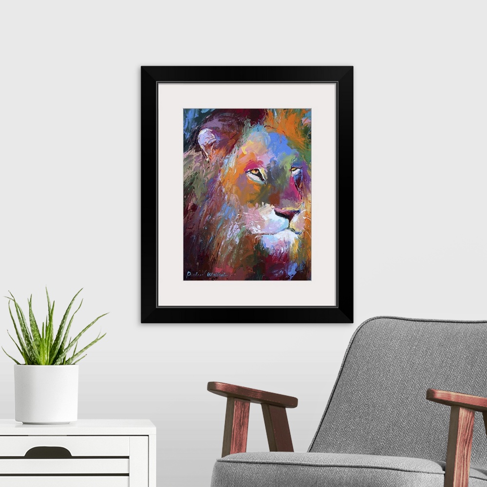 A modern room featuring Contemporary vibrant colorful painting of a lion