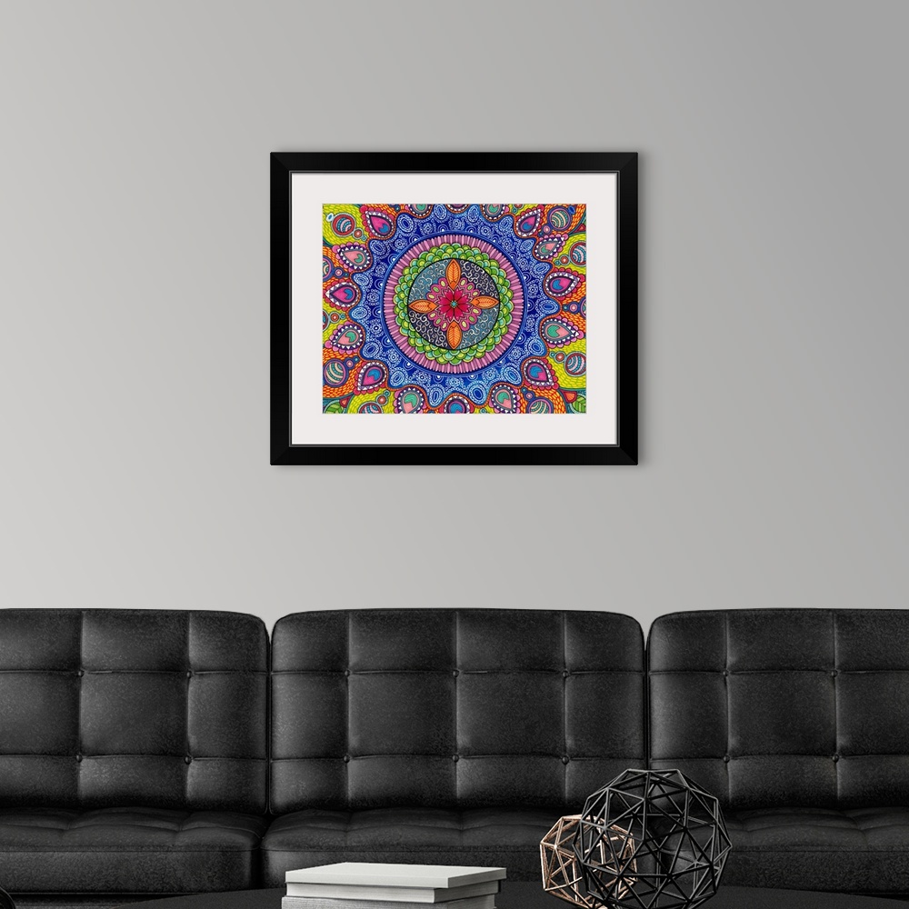 A modern room featuring Contemporary abstract artwork using bright vibrant colors and patterns.