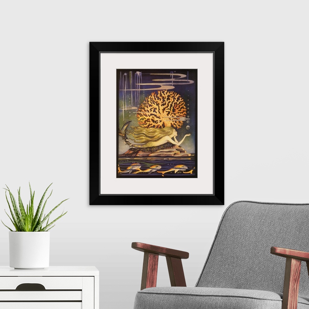 A modern room featuring A vintage illustration of a whimsical looking mermaid swimming beside a golden reef.