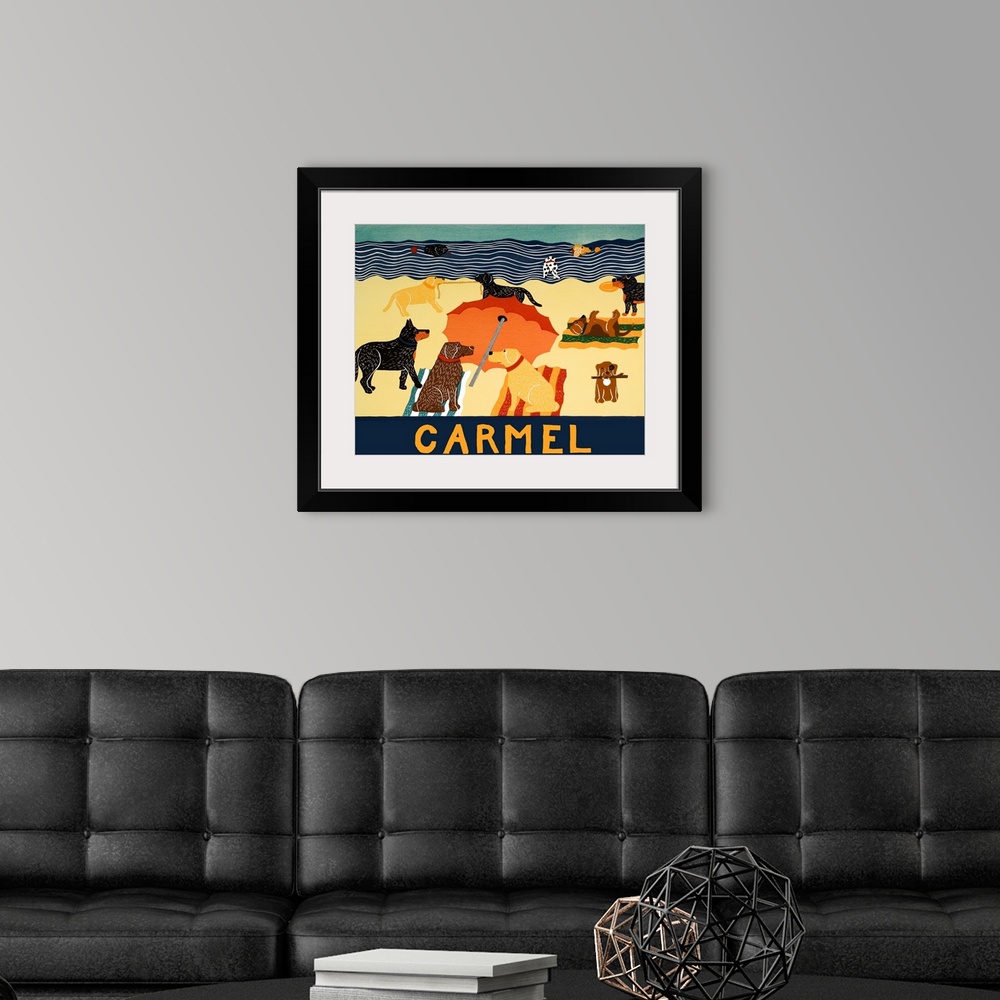 A modern room featuring Illustration of multiple breeds of dogs having a beach day with "Carmel" written on the bottom.