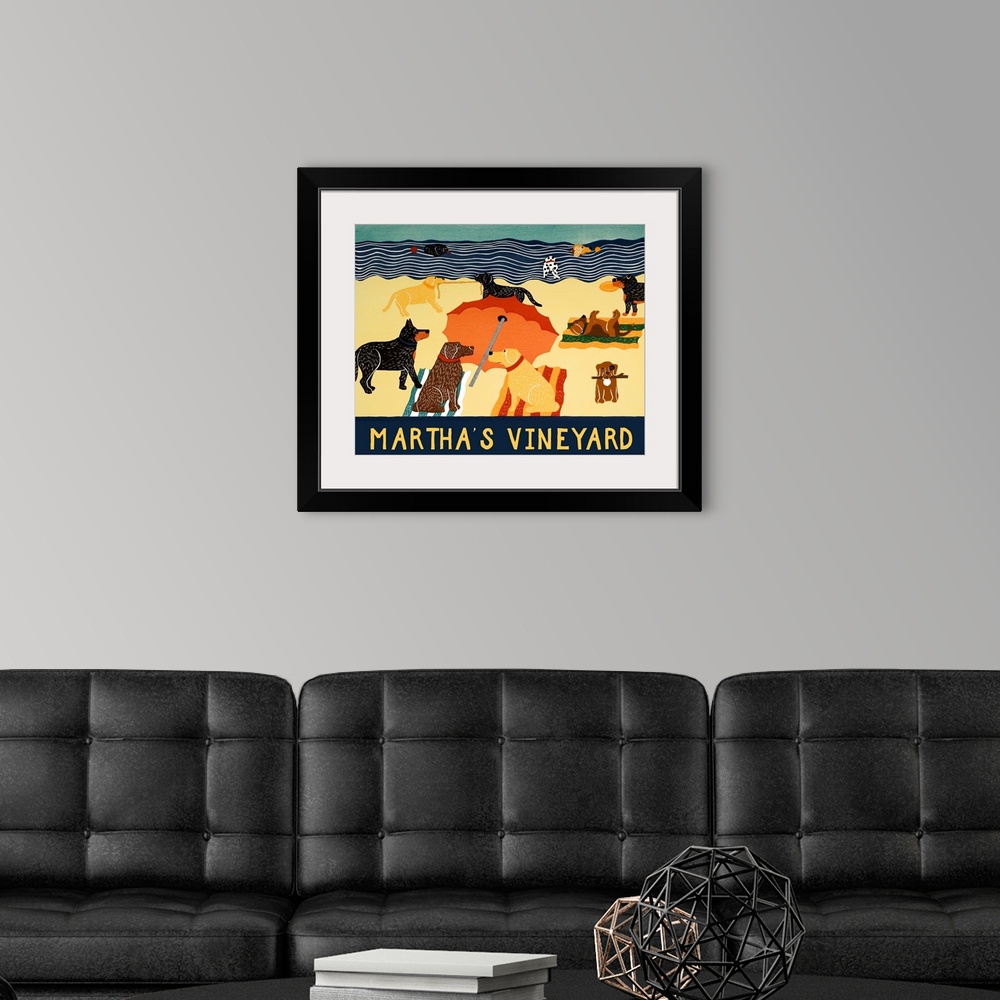 A modern room featuring Illustration of multiple breeds of dogs having a beach day with "Martha's Vineyard" written on th...