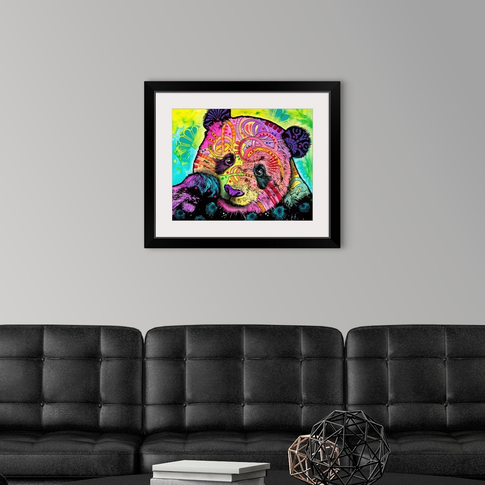 A modern room featuring Pop art style painting of a panda bear covered in colorful abstract markings on a blue, yellow, a...