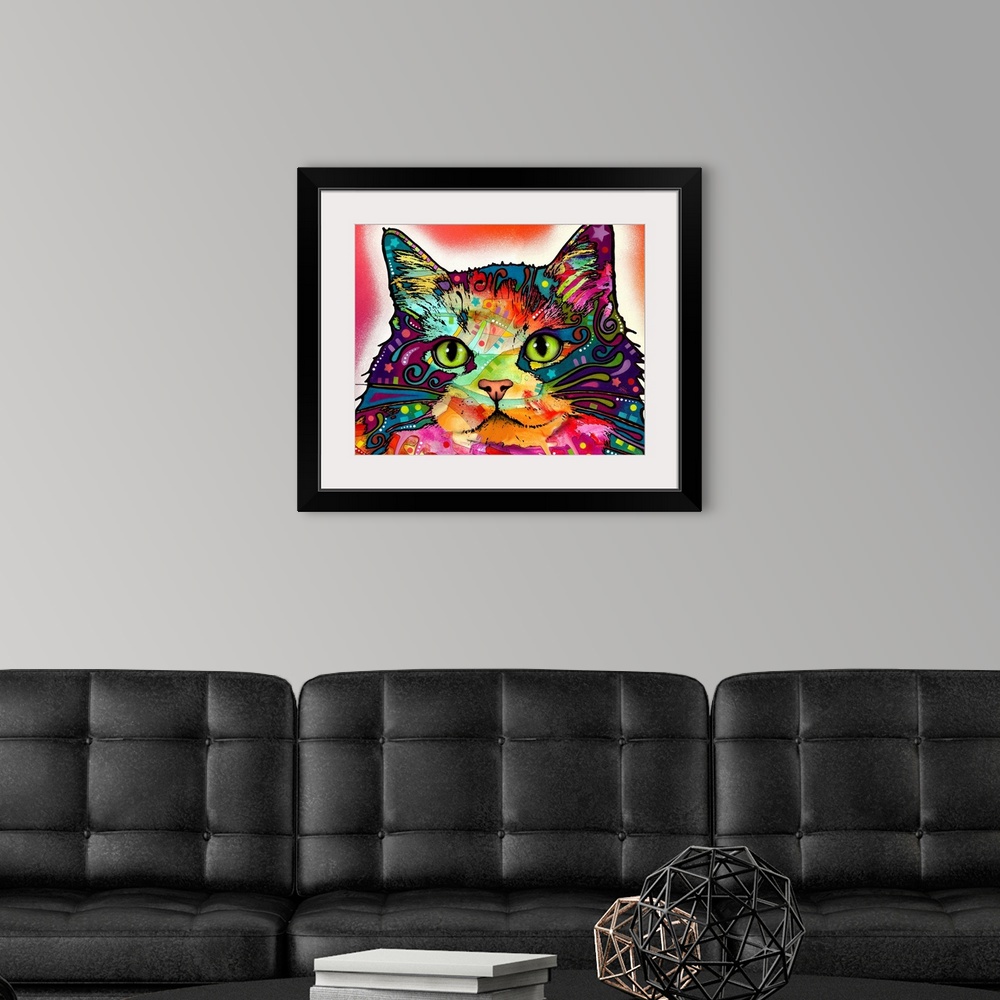 A modern room featuring Large illustration displays the head of a cat that has been decorated in a variety of extremely v...