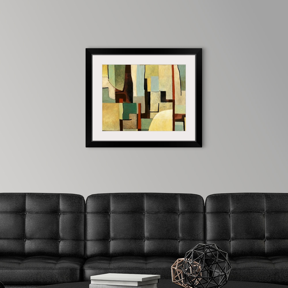 A modern room featuring Contemporary abstract painting warm and cool tones in geometric shapes.