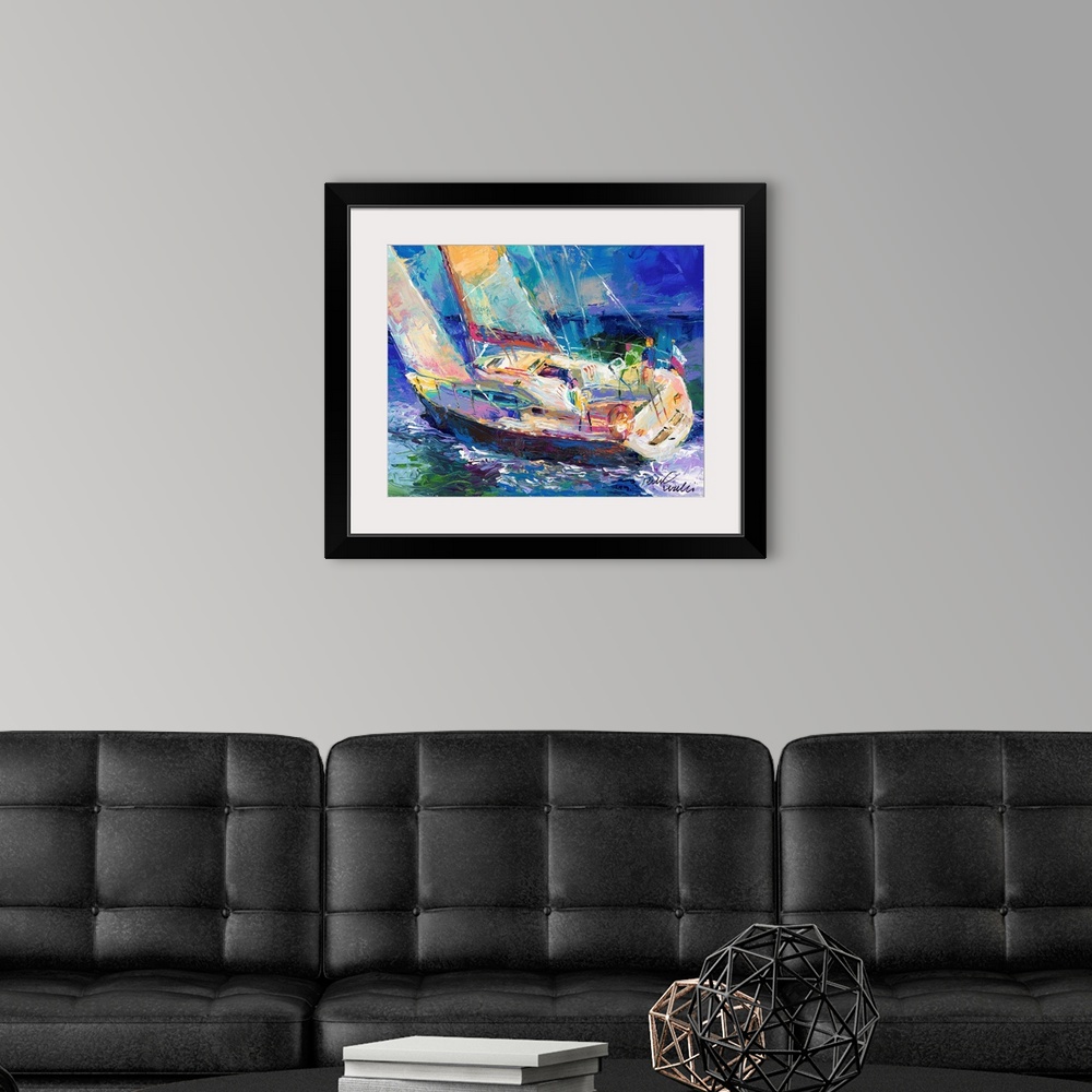 A modern room featuring Colorful abstract painting of a sailboat in the ocean.