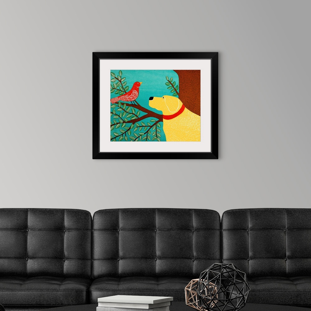 A modern room featuring Illustration of a yellow lab starring at a red bird perched on a tree branch.
