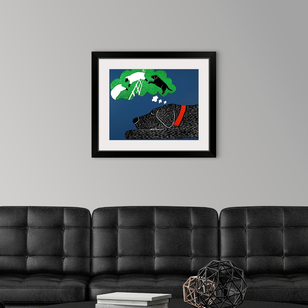 A modern room featuring Illustration of a black lab taking a nap and dreaming of herding sheep.