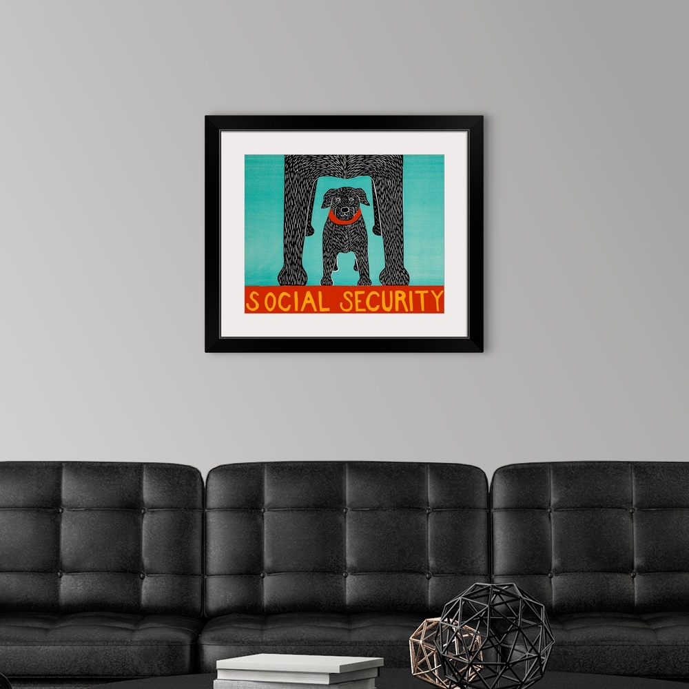 A modern room featuring Illustration of a black lab puppy standing under a larger lab with the phrase "Social Security" w...