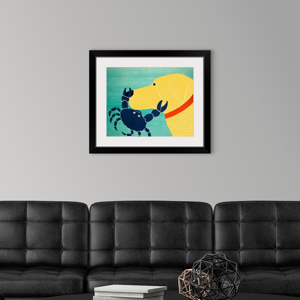A modern room featuring Illustration of a yellow lab with a blue crab pinching its nose and ear.