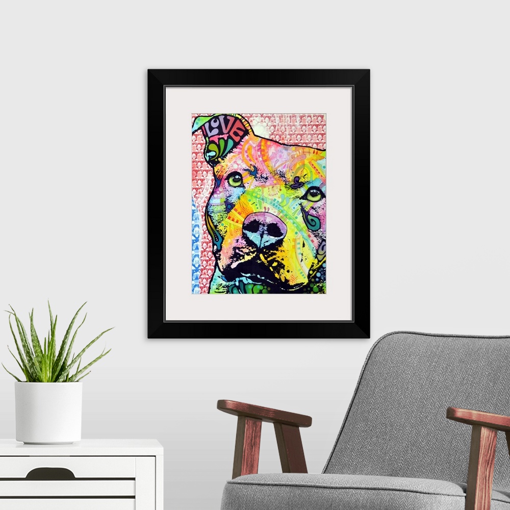 A modern room featuring Vertical digital artwork on a large wall hanging of the face of a pit bull dog, filled with vibra...